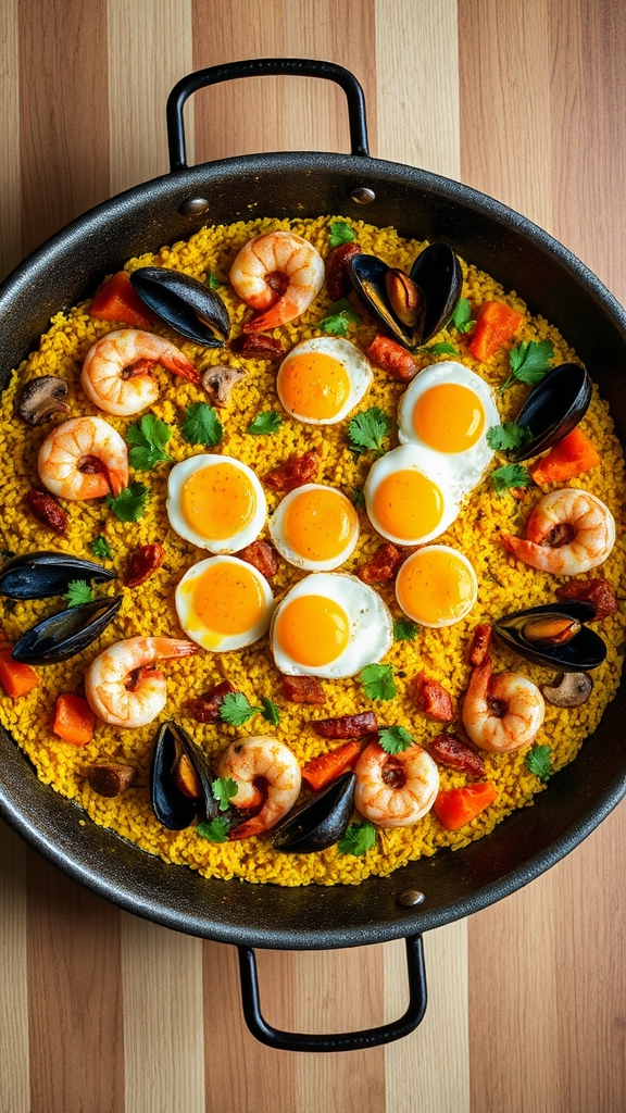 breakfast paella with saffron seafood