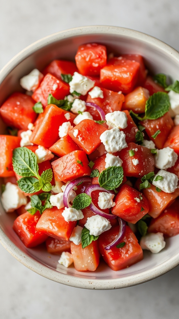 cube watermelon feta toss