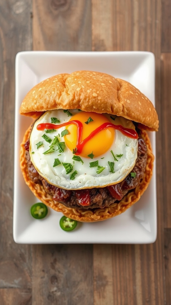 delicious breakfast ramen burger