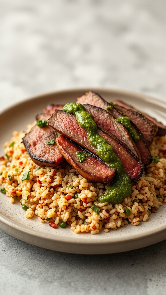 golden beef atop quinoa