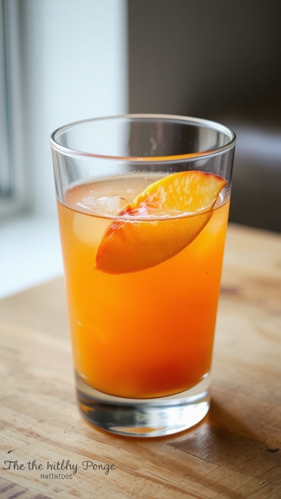 peach garnish enhances cocktail