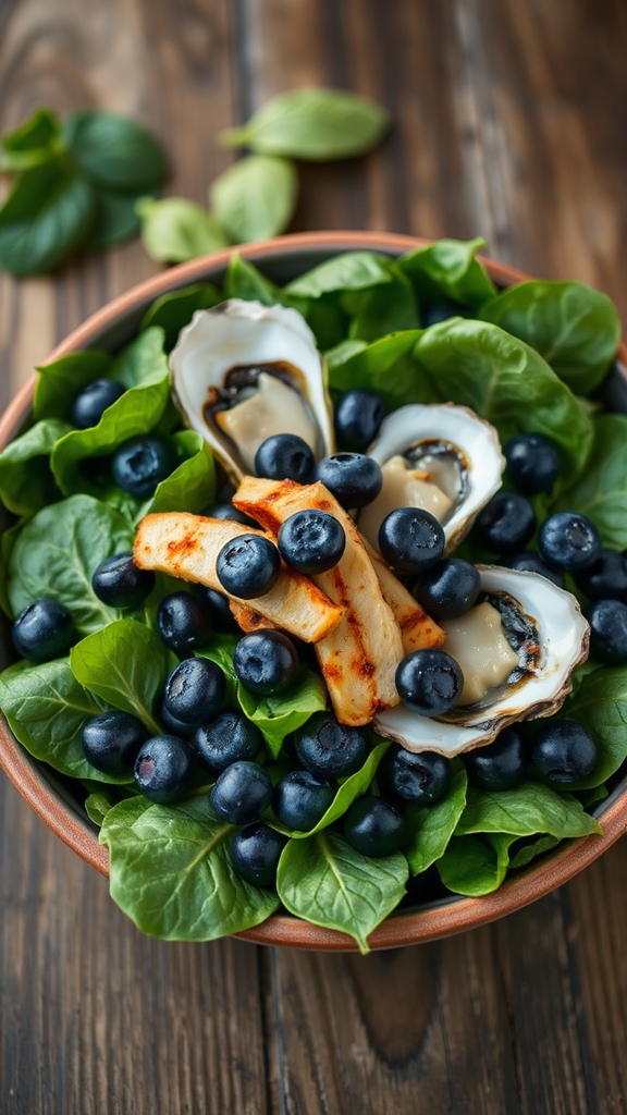 shucked oysters blueberry spinach