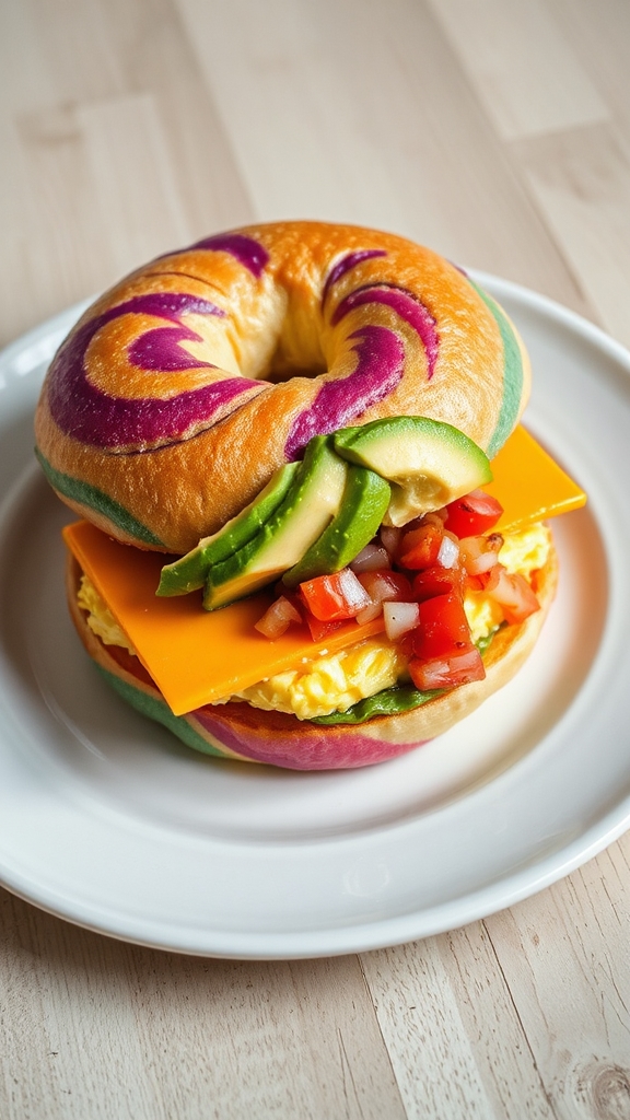 vibrant rainbow bagel breakfast